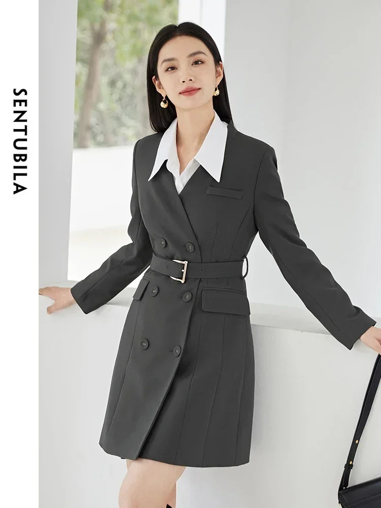 

SENTUBILA Korean Elegant Belted Blazer Dress for Women 2024 Spring Autumn V-neck Business Office Mini Dresses 141L52950