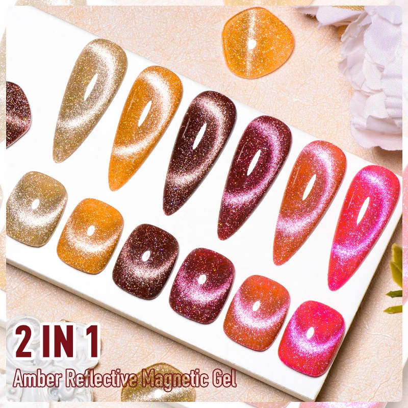 MEET ACROSS 6Pcs/Set Amber Reflective Cat Magnetic Gel Nail Polish Autumn Glitter Brown Coffee Series Nail Art UV Gel For Nails - Image 5