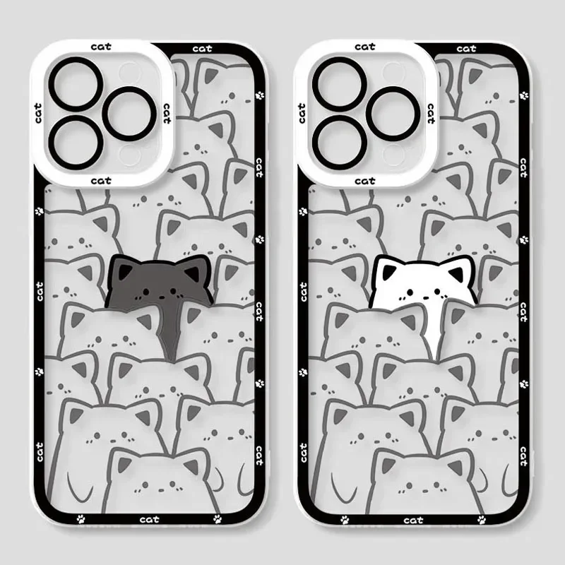 Cute Cartoon Black White Cat Case For Samsung Galaxy A25 A55 A35 A54 A34 A15 A24 A14 A53 A33 A13 A05 A05S 5G A23 A32 A52 A52S