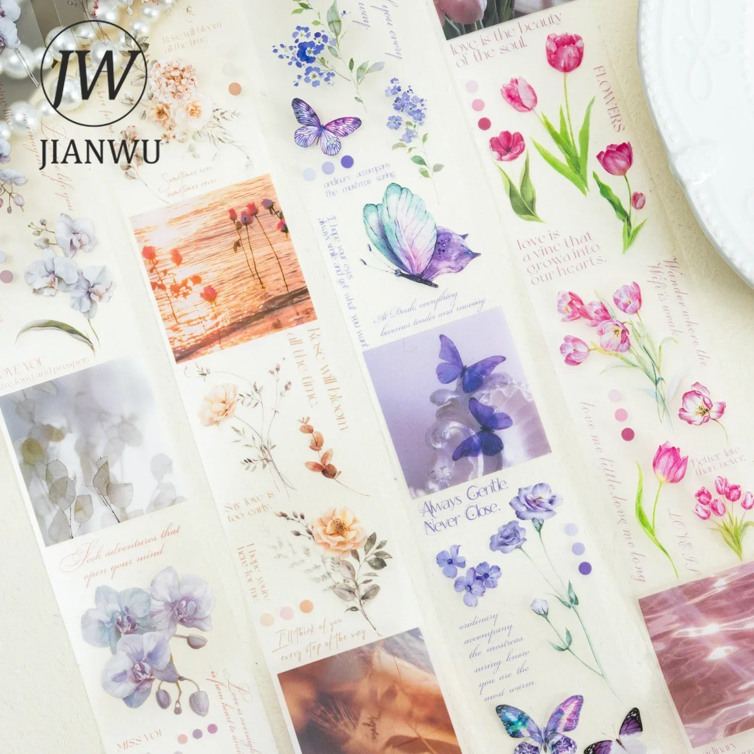 JIANWU 45mm*200cm Pleasant Time Series Literary Butterfly Flower Material Collage PET Tape Creative DIY Journal Stationery