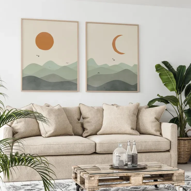 حكيم الأخضر الشمس والقمر المشهد قماش الطباعة منتصف القرن مجردة هندسية الجدار ملصق فني لغرفة المعيشة الحديثة ديكور المنزل #2