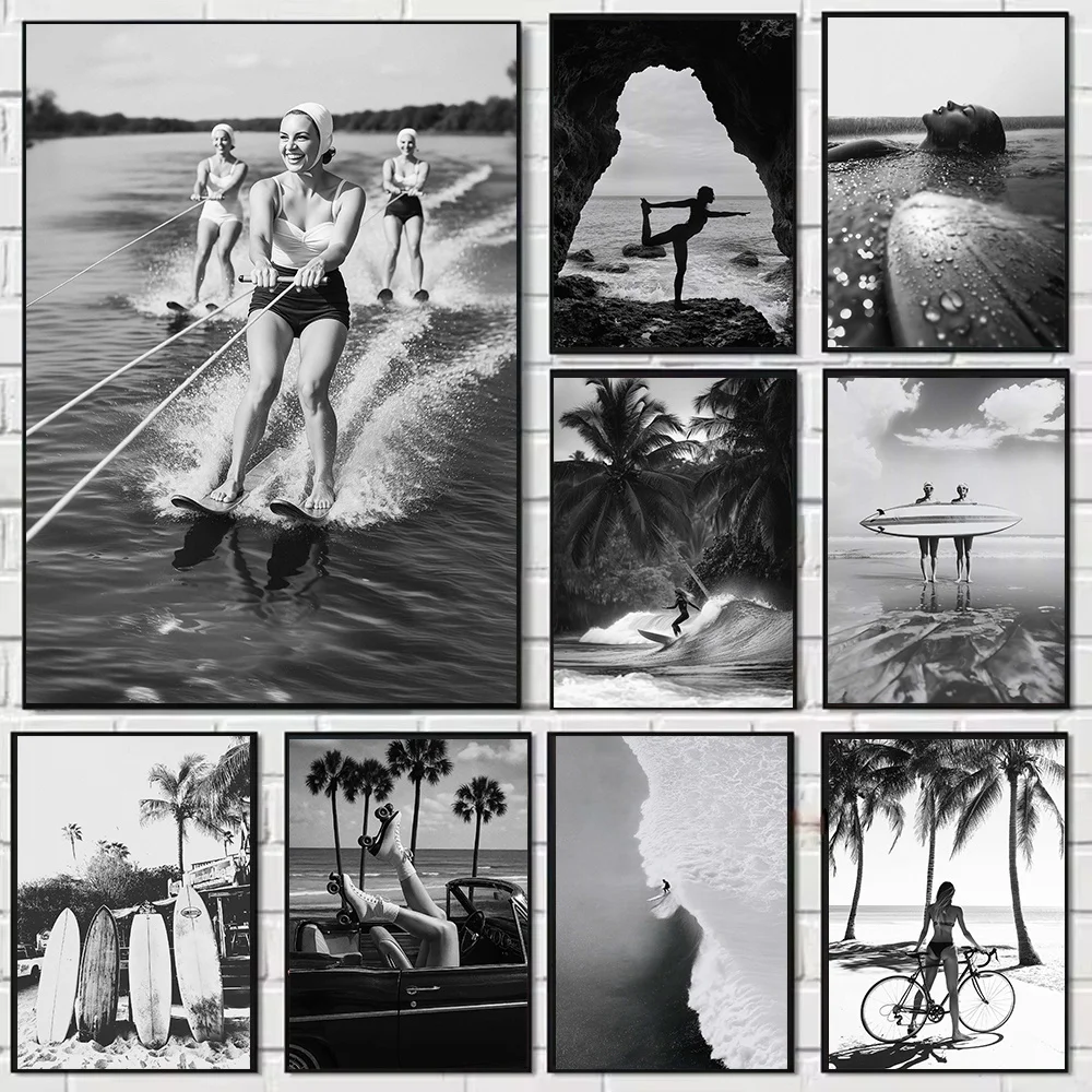Tropical Beach Art Surfer Ocean Waves Poster Black and White Print Coastal Home Art Island Vibe Decor Sea Waves Canvas Painting
