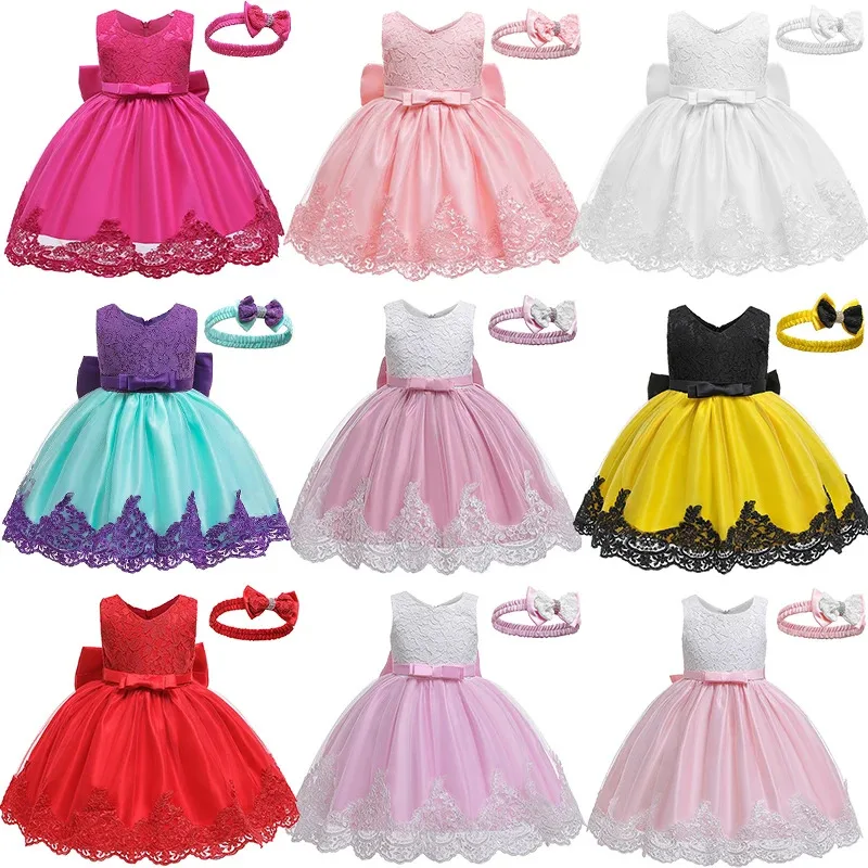 

2Pcs Lace Flower Toddler Girls Christening Dress + Headband Pageant Girl Formal Embroidered Wedding Bridesmaid Elegant Dresses