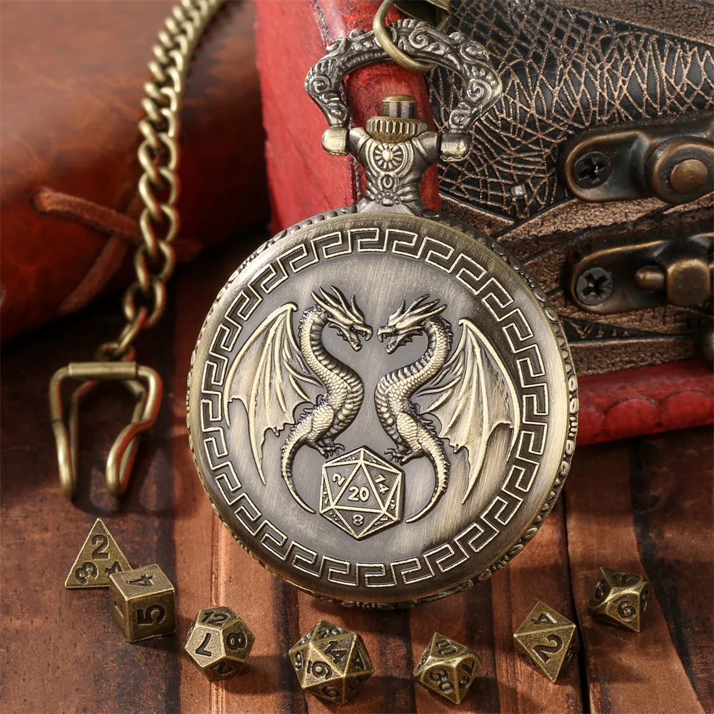 Punk Vintage Double Dragons Dice Full Hunter Pocket Watch Case Mini Dice Set Fob Chain Pendant Retro Gift for Game Dices Lovers