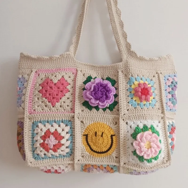 

Handmade Crochet Square Large Tote Shoulder Bag, Shopping Handbag, Vintage Style, Summer Beach Bag