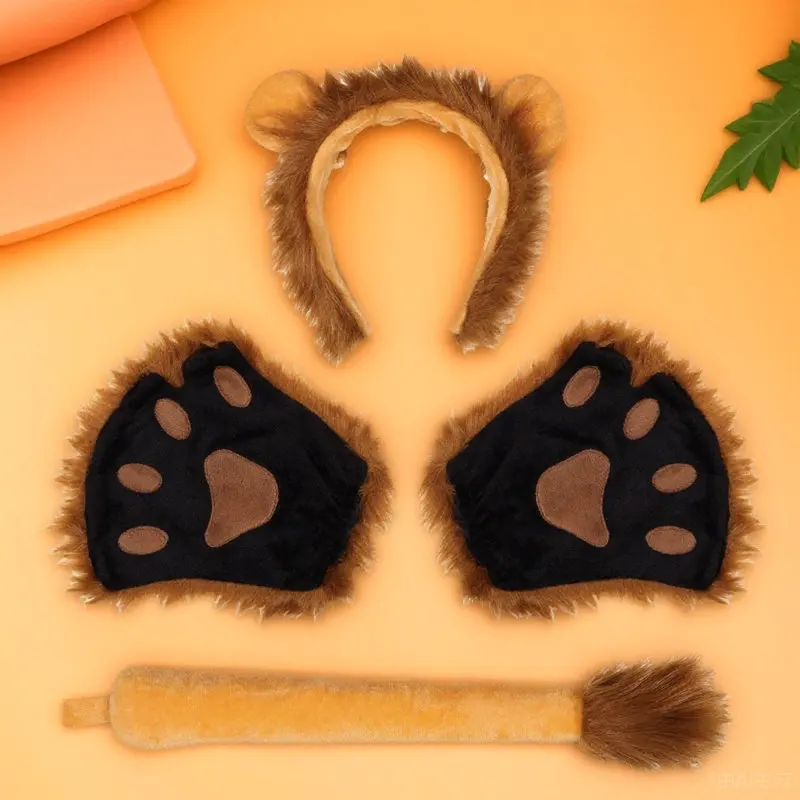 

Animal Cosplay Accessories Set for Halloween Lion Costume Gloves Ears Headband Stuffed Tail Role Play Party Gift