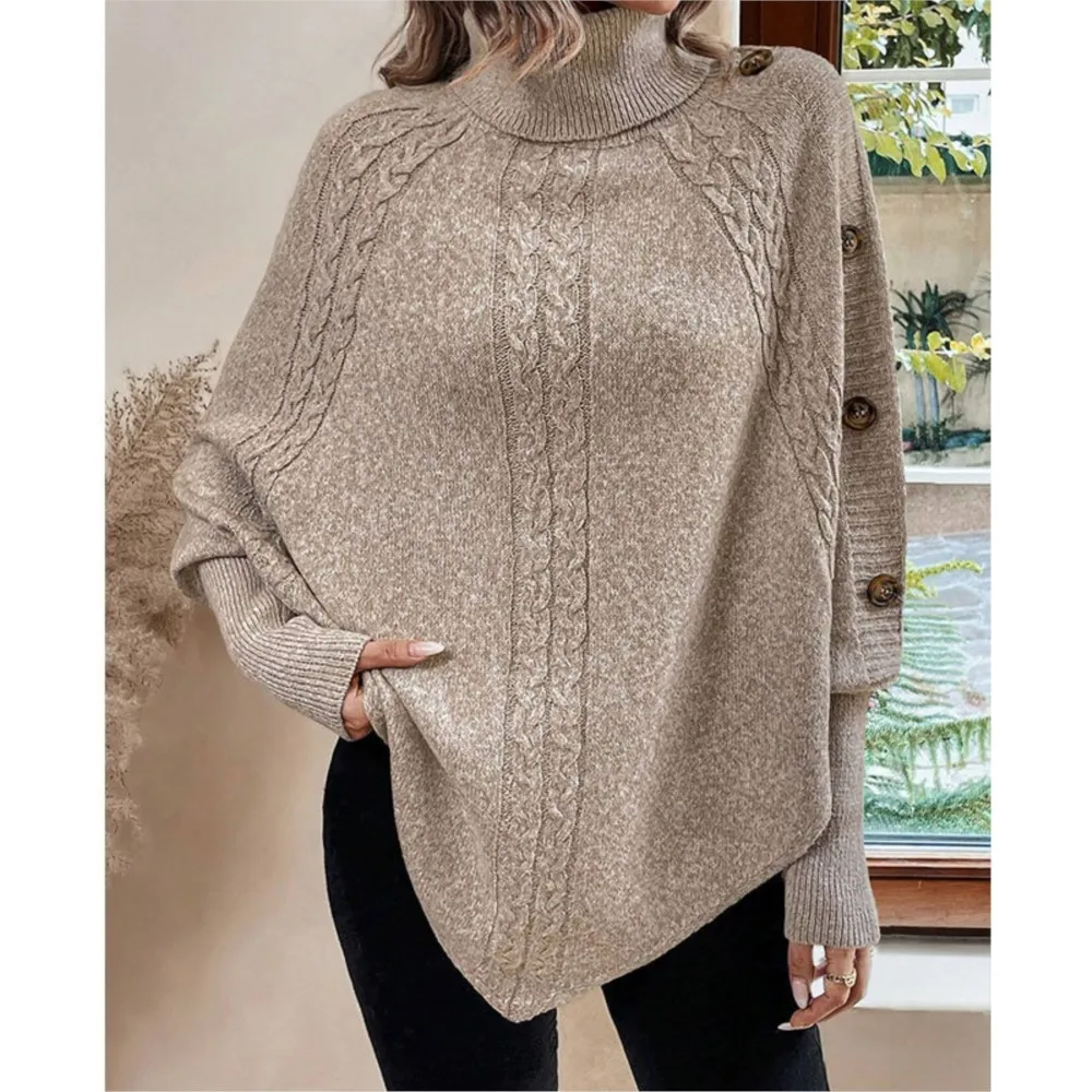 Autumn Winter New Women's Irregular Sweater Women's Knitted Fashion Twisted Flower High Collar Button Bat Sleeve Pullovers Top