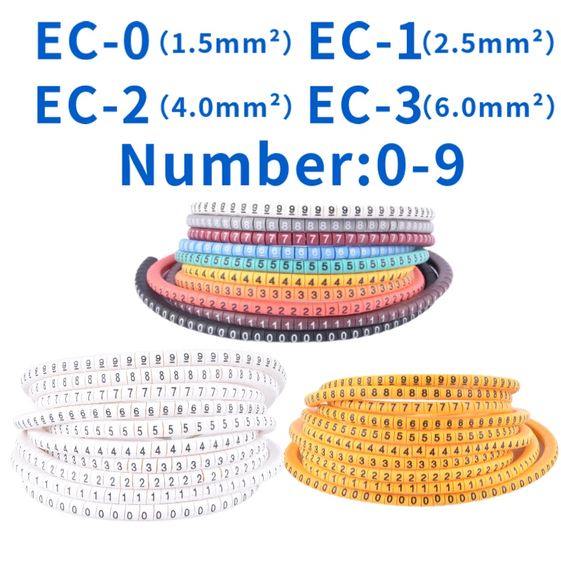 Marcadores coloridos do cabo do tubo do número, marcador 0 a 9 do fio para o tamanho do cabo 1.5 2.5 4.0 6.0 sqmm, 0 a 9, 500Pcs