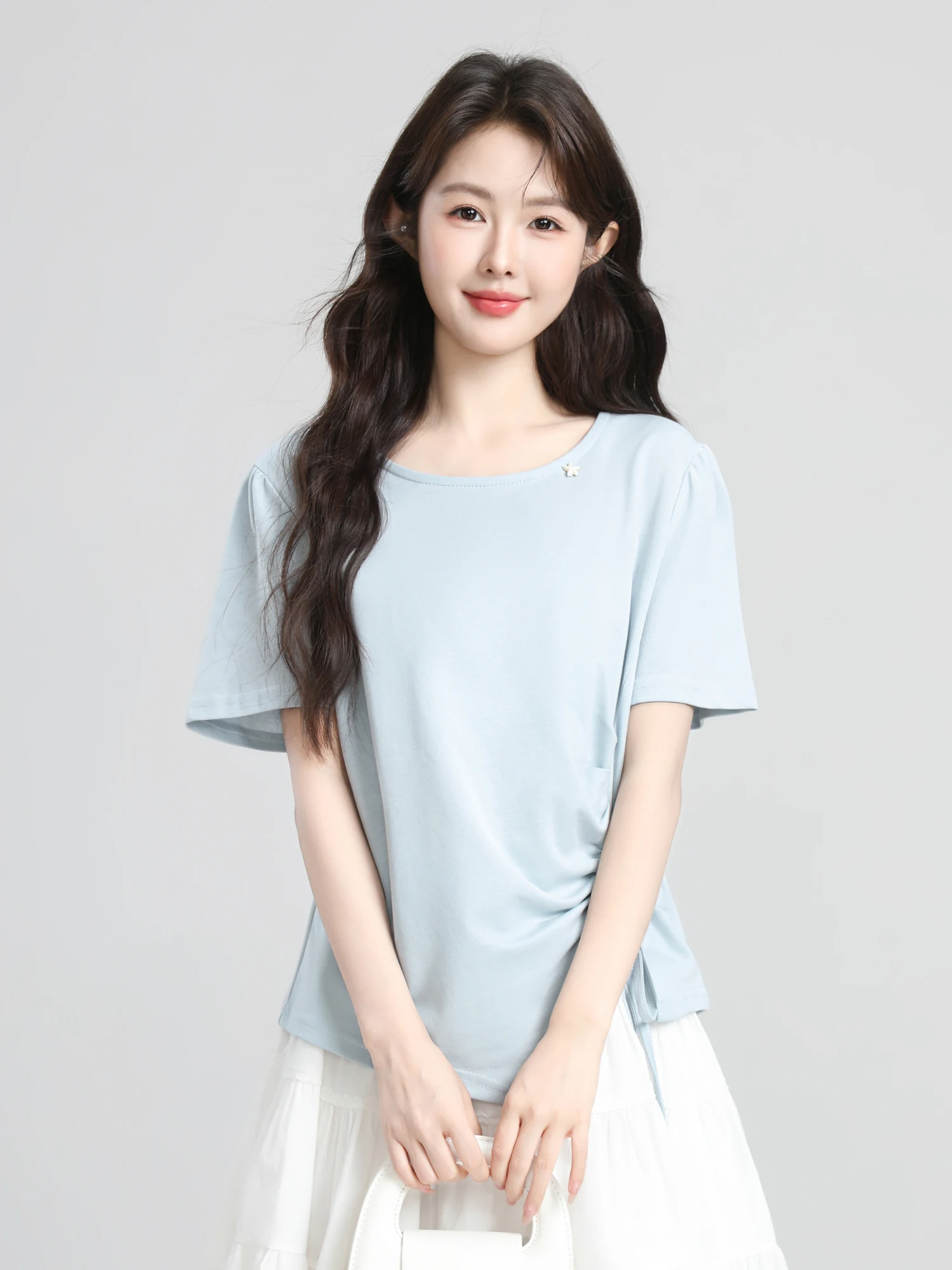 

Синяя женская футболка ort Sve, лето 2029, Dstring f Sve round Ne, повседневная, свободная, из смеси хлопка и полиэстера