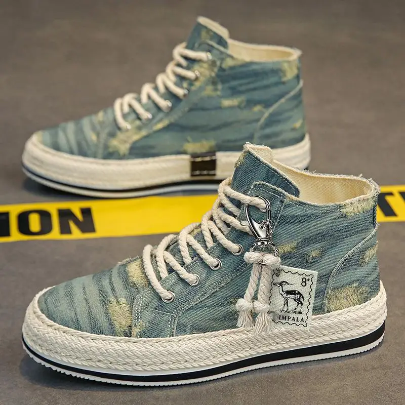 High-top canvas shoes for men, soft washed denim sneakers with holes, men's shoes
