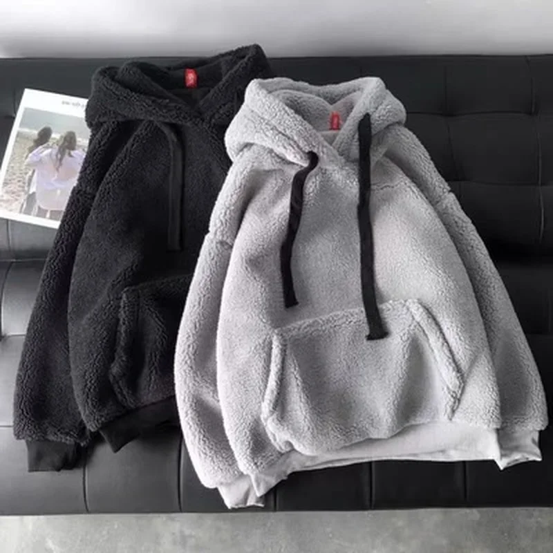 Female Fashion Sweatshirt Long Sleeve Solid Loose Pocket Thick Hoodies Women Autumn Winter Hooded Print Flannel Pullover Fleece