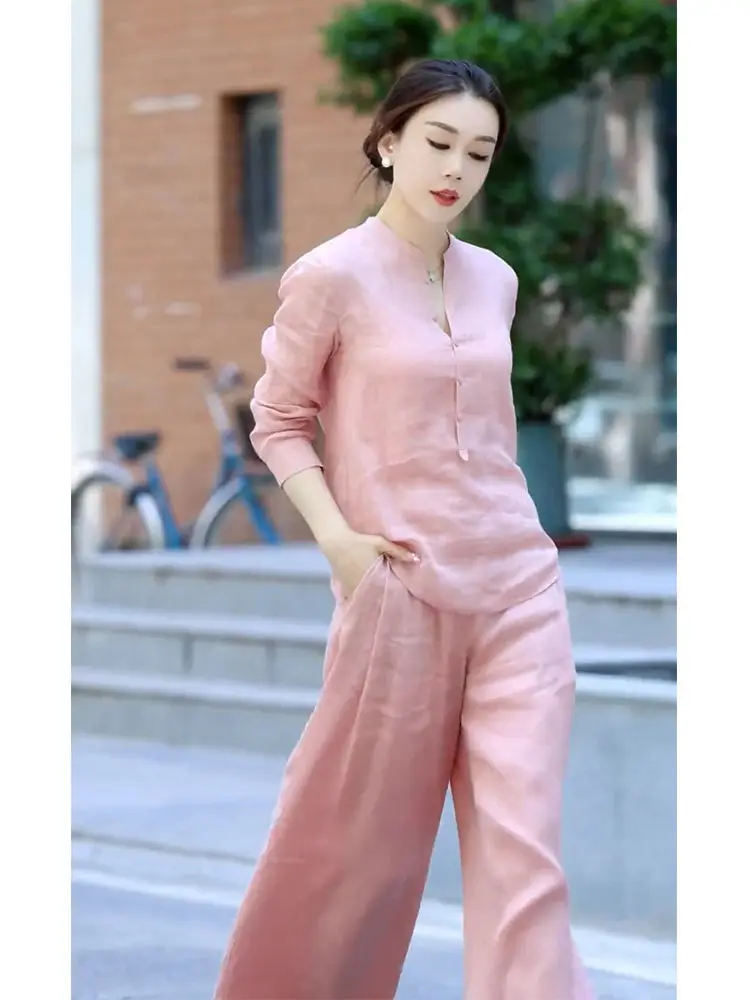 Pure Cotton Hot Summer Fashion New Chinese Style High-end Slimming Top Wide-leg Cotton Linen Women's Pants Suit