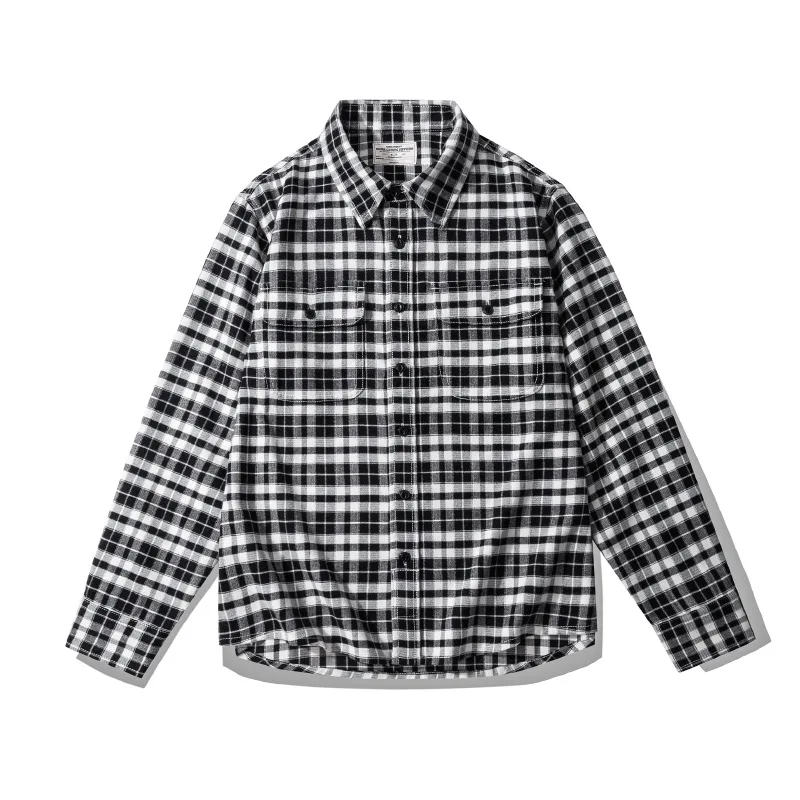 OKONKWO-Heavy Fabric Plaid Shirt for Couple American Coat Retro Long Sleeve Lapel Shirts Outdoor Hiking Trekking Jackets 300g TR