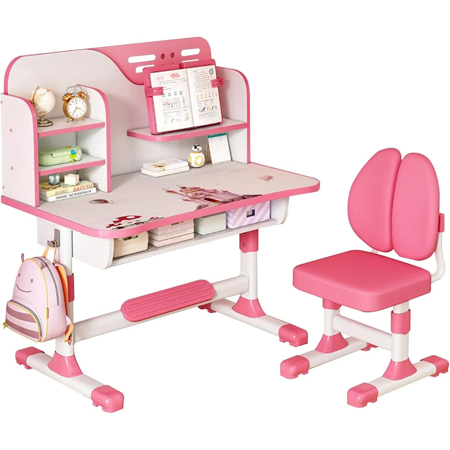 Children's study table and chair set, ergonomic table and chair with large writing board, bookcase and drawer, pink