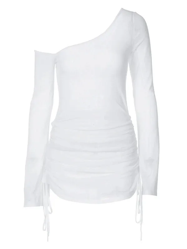 Solid Skew Collar Ruched Straps Lace-Up See Through Draw String Mini Dress 2025 Summer Women Party Clubwear Wholesale 66JT