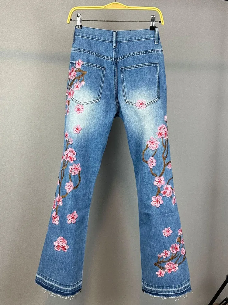 Fashion Ladies Streetwear Blue Embroidered Flowers Jeans Designer Womens Retro Loose Micro Flared Pant Straight Denim Trousers