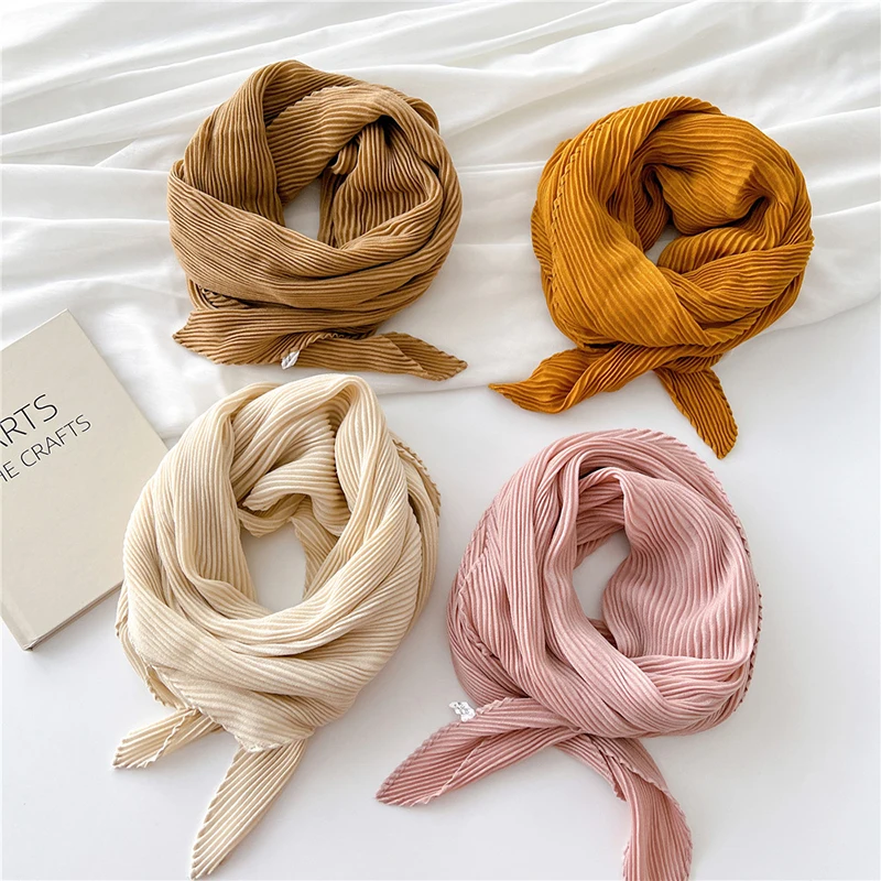 90cm Size Scarf Pleated Crinkle Women\'s Hijab Wrinkle Shawl Scarves Women Satin Scarf Neckerchief Square Skinny Hair Tie Band