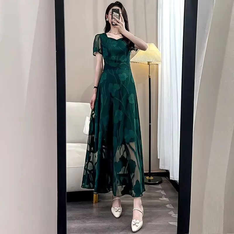 Vestidos de noche Vestidos para mujer Vestido recortado de gama alta Vestido largo de temperamento suelto con cintura de manga corta para primavera y verano para mujer