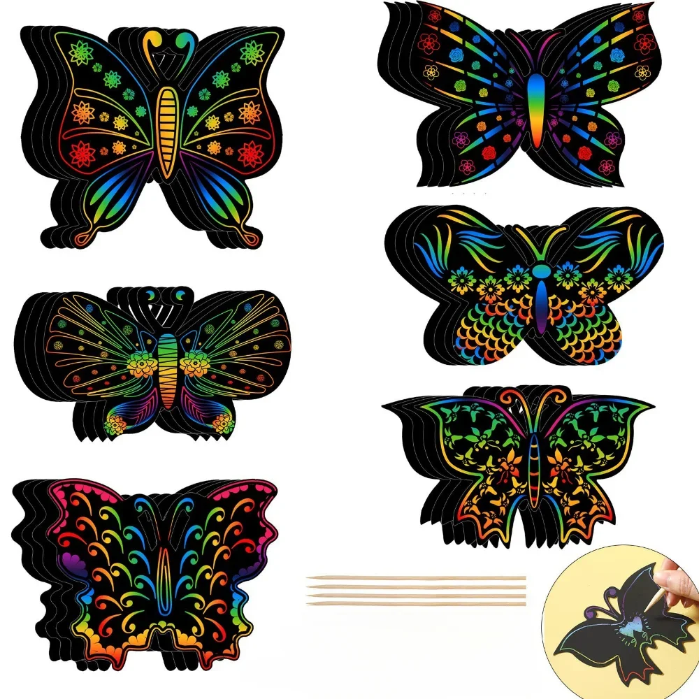 6/12Pcs Set Butterfly Bookmarks Scratch Drawing Paper Magic Scratch Art Kids Painting Creative Card Sticker Education Toy Gifts