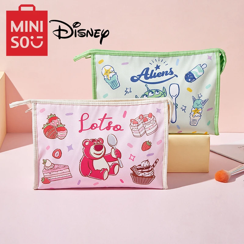 MINISO Disney Cartoon Cute Print Strawberry Bear Makeup Bag Travel Portable Storage Bag Multi functional Zipper Wash Bag