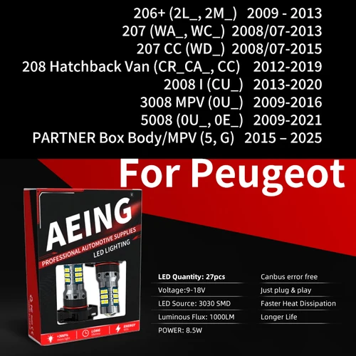 Imagen 2 del producto 2x bombillas LED de luces antiniebla delanteras para coche Canbus para Peugeot 206 207 208 2008 3008 5008 PARTNER Box Body MPV 2017 2018 2019 2020 2021