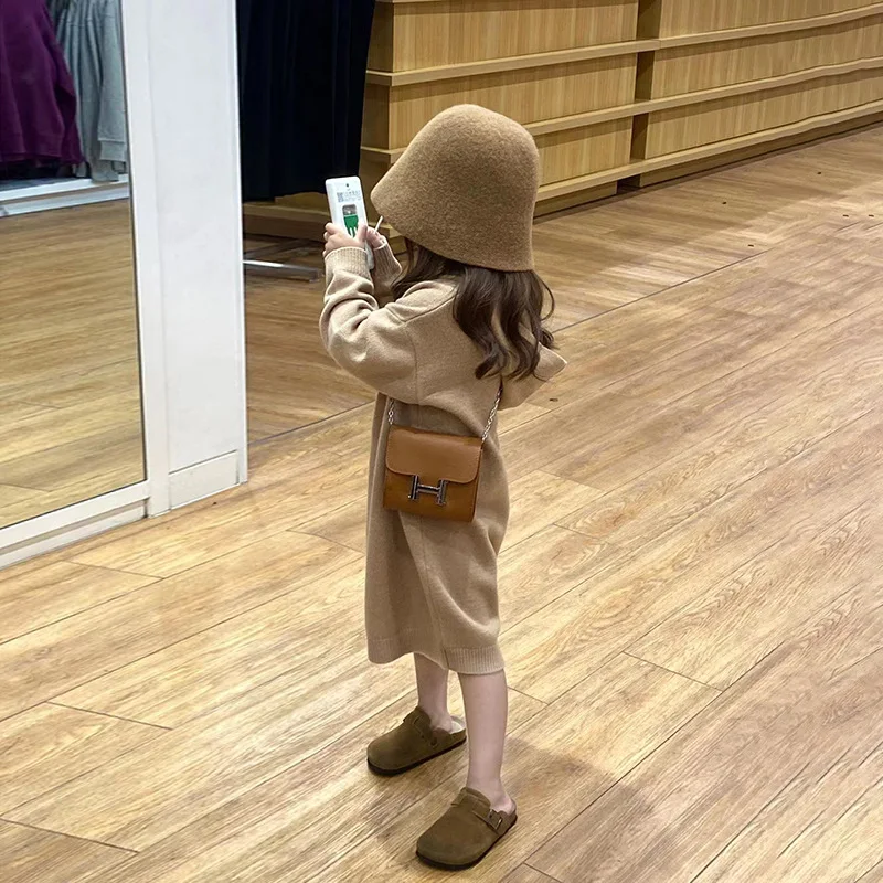 Children Clothing 2022 Autumn Winter Girls Knit Dress Korea Style New Fashionable Casual Loose Hooded Sweater Dress for Girls