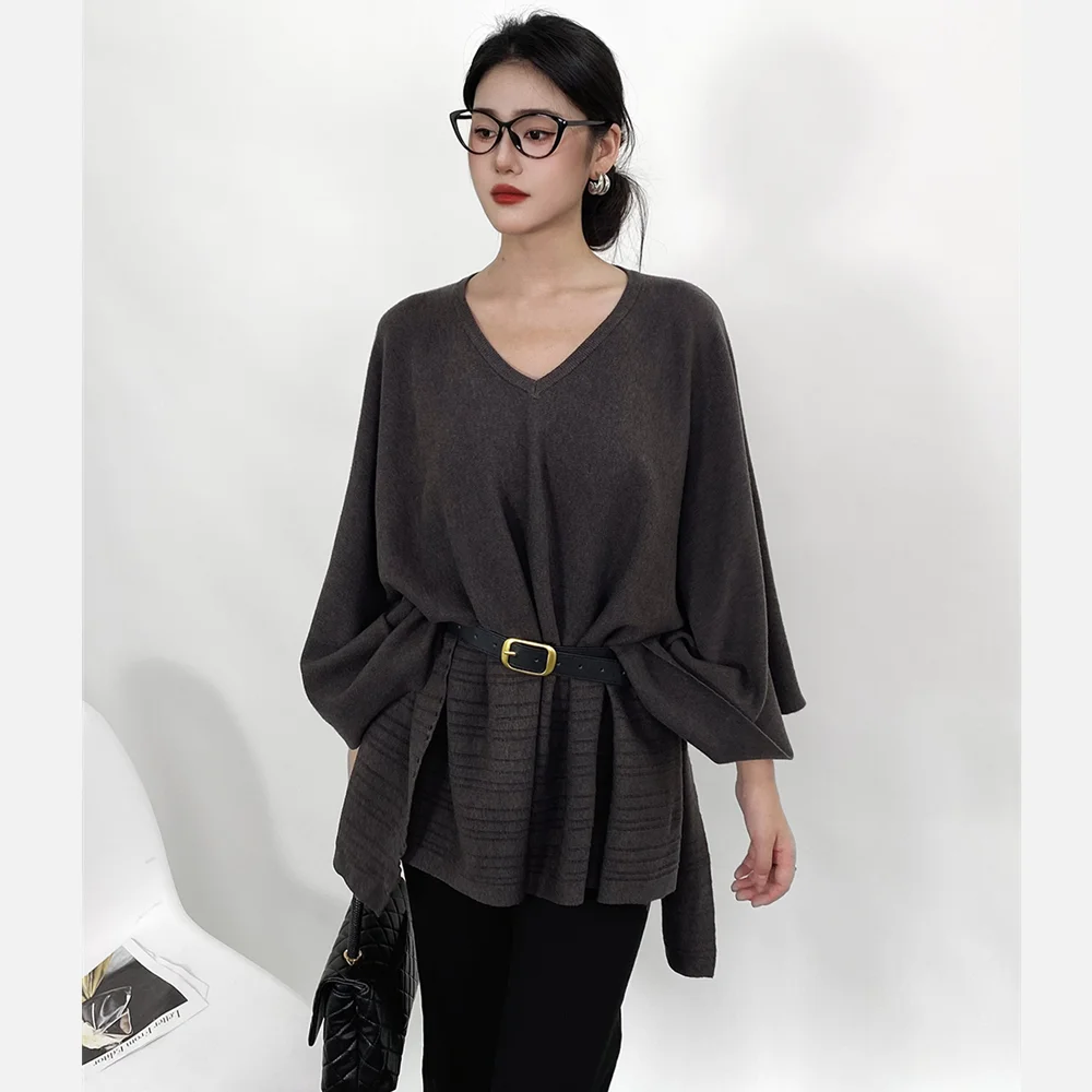 4 ألوان 2025 الخريف الخامس الرقبة بلوفر مغزول غير النظامية سترة عباءة مع حزام المرأة كامل الخفافيش كم كيب فضفاض المتضخم البلوز