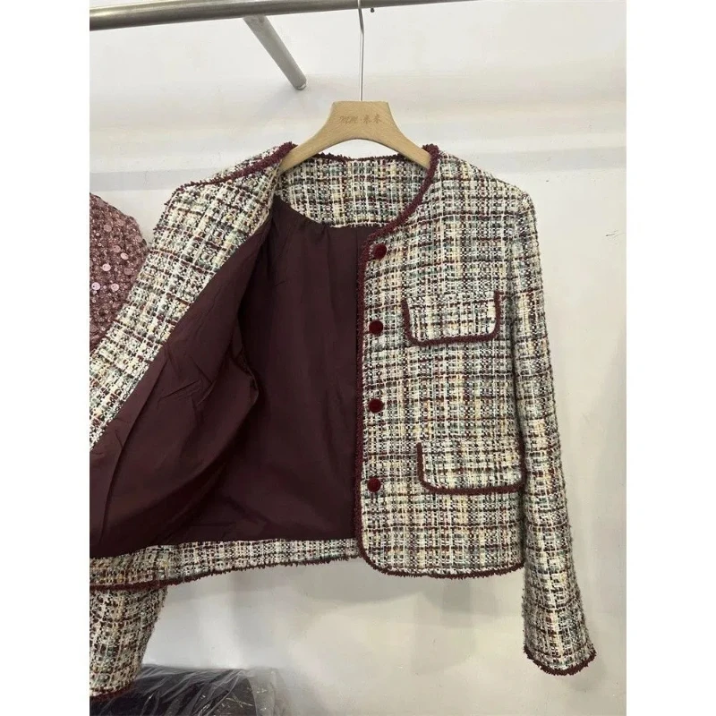 French High-end Short Braided Fragrant Jacket for Women Autumn New Plaid Red Stitching Petite Top