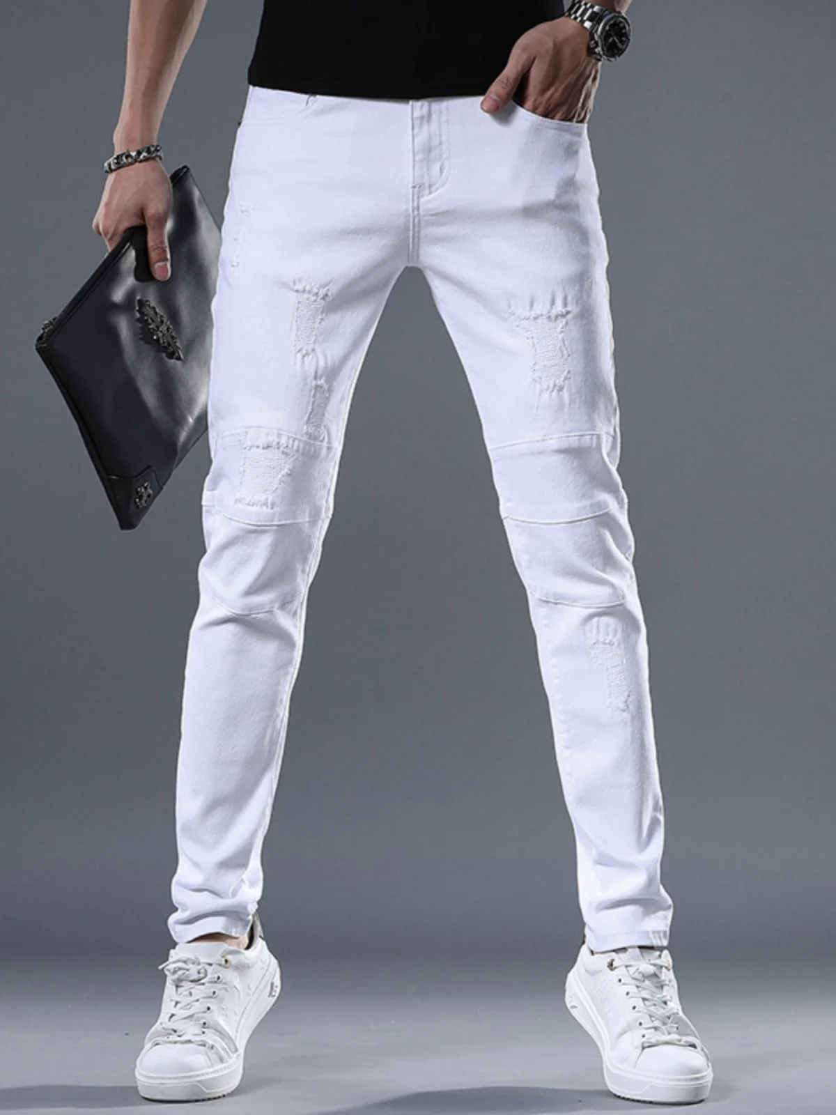 

Spring Autumn Men's Slim Fit Jeans White Spliced Hole Casual Long Pants Elastic Trendy Brand Youth Wear Cotton Stretch Denim