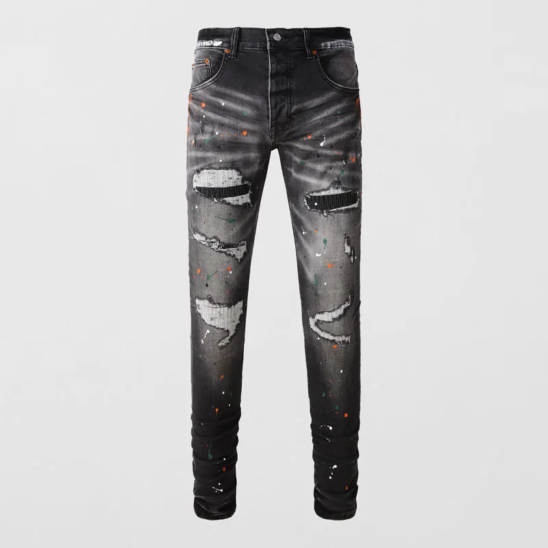 

Fashionable new men's black and gray jeans with stretch, slim fit, painted distressed patches, high street hip-hop brand pants,