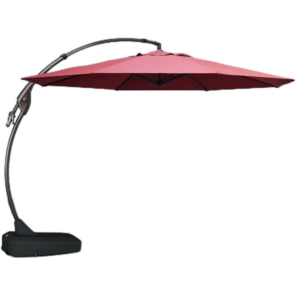 12 FT Offset Round Umbrella Outdoor Aluminum Cantilever Patio Umbrella with Base for Pool Garden Backyard Brick Red, 12FT