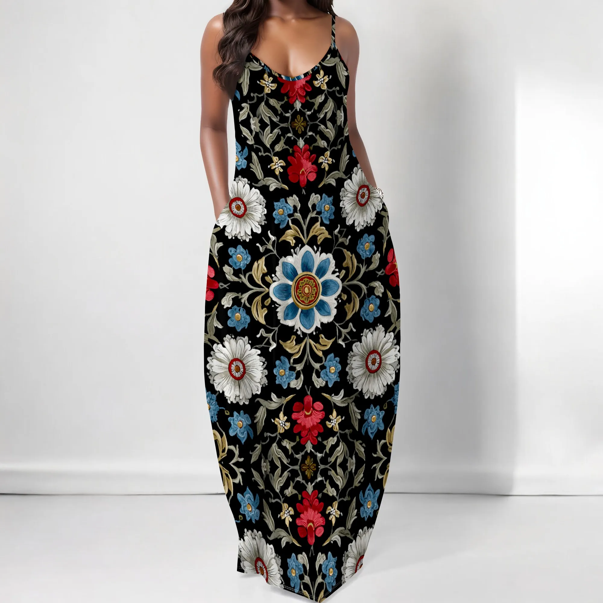 

Women's Vintage Floral Maxi Dress V-Neck Spaghetti Strap Bohemian Party Dress with Pockets Plus Size XS-3XL