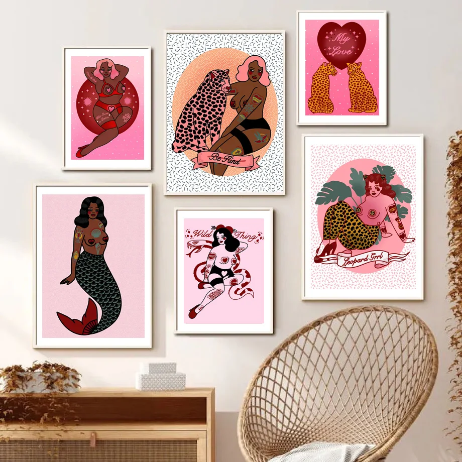 Curvy Tattooed Pin Up Girl Wall Art Print Pink Haired Mermaid Posters Leopard Canvas Painting Wall Picture For Living Room Decor