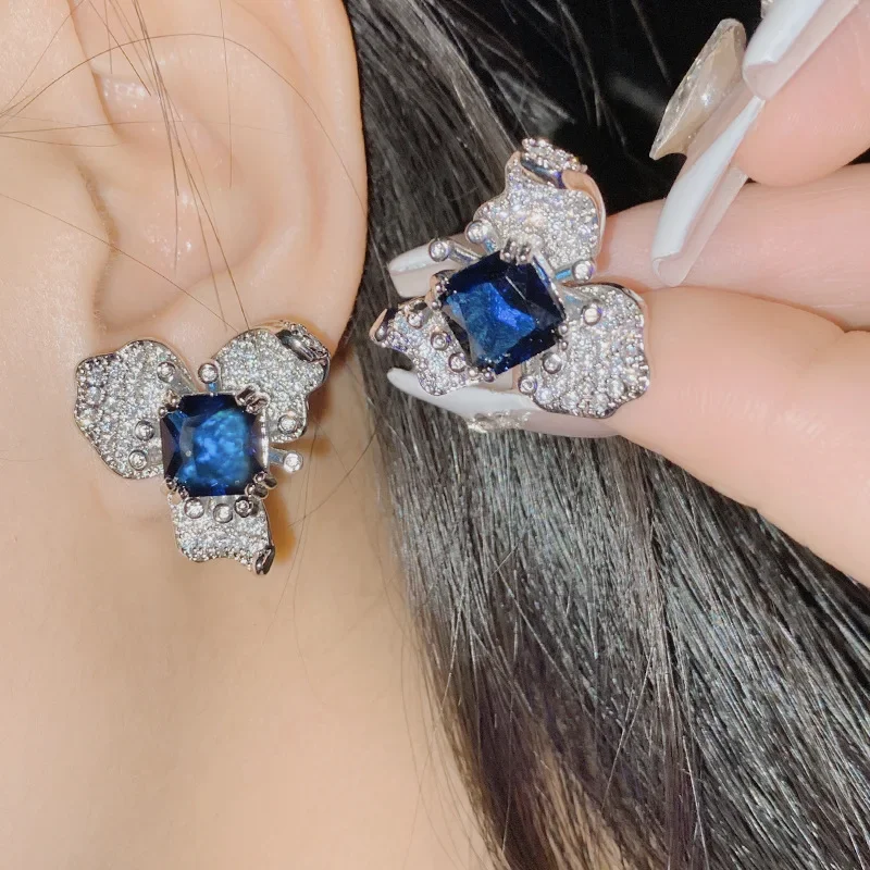 MDLFES Moiss1n الماس نمط مجوهرات مسدس مجموعة النساء مطلية بالذهب مايكرو مجموعة زركونيا الأزرق اكسيد الالمونيوم البرسيم