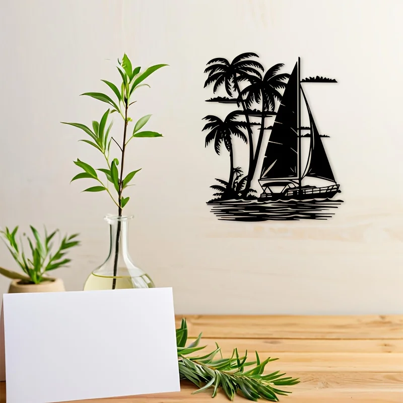 Flat Sailing Boat Palm Tree Iron Wall Art, Black Nautical Cut-Out Hanging Decor, Indoor  Living Room Patio Beach House Accent - view 5