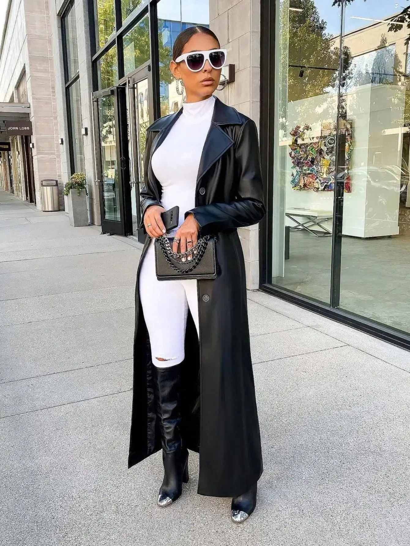 

Women's Long PU Leather Trench Coat with Button Closure, European Style Autumn Winter Outerwear