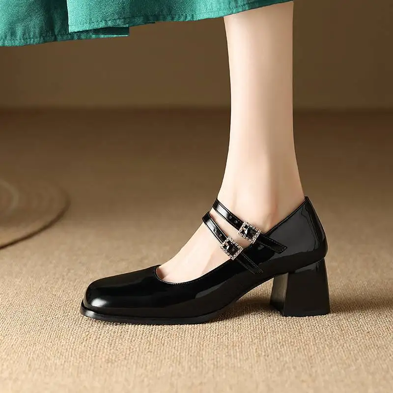 ASILETO Female Pumps Square Toe Block Heels 6cm Double Buckle Strap Large Size 44 45 46 Elegant Dating Shoes For Women S4856