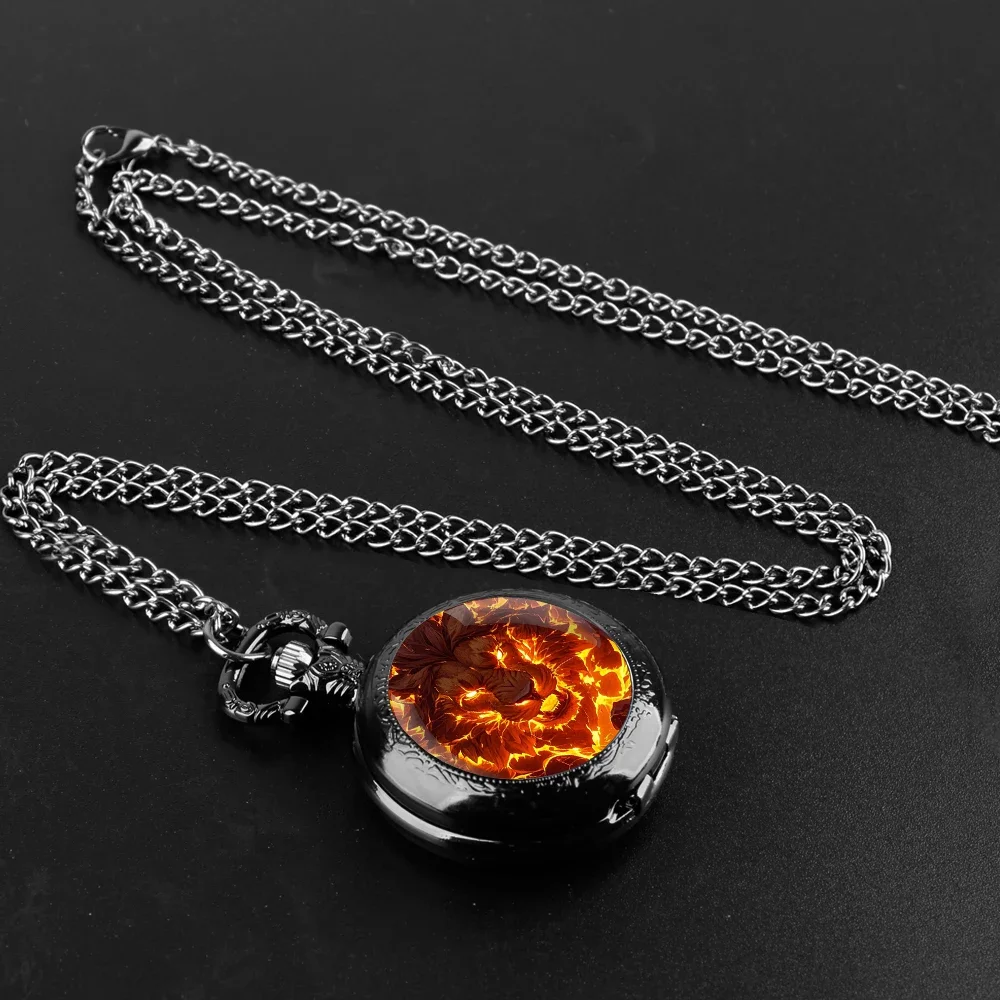 

Fire lion Design Black Quartz Pocket Watch Gift Set with Durable Chain and Arabic Numeral Face Timeless Present for Boy
