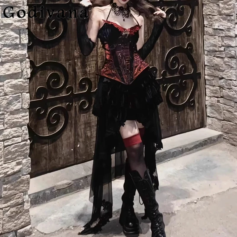 

Halloween Dark Lolita Goth Slim Sexy Black Red Velvet Halter Beads Top Fishbone Cummerbund Elegant Gauze Irregular Long Skirt