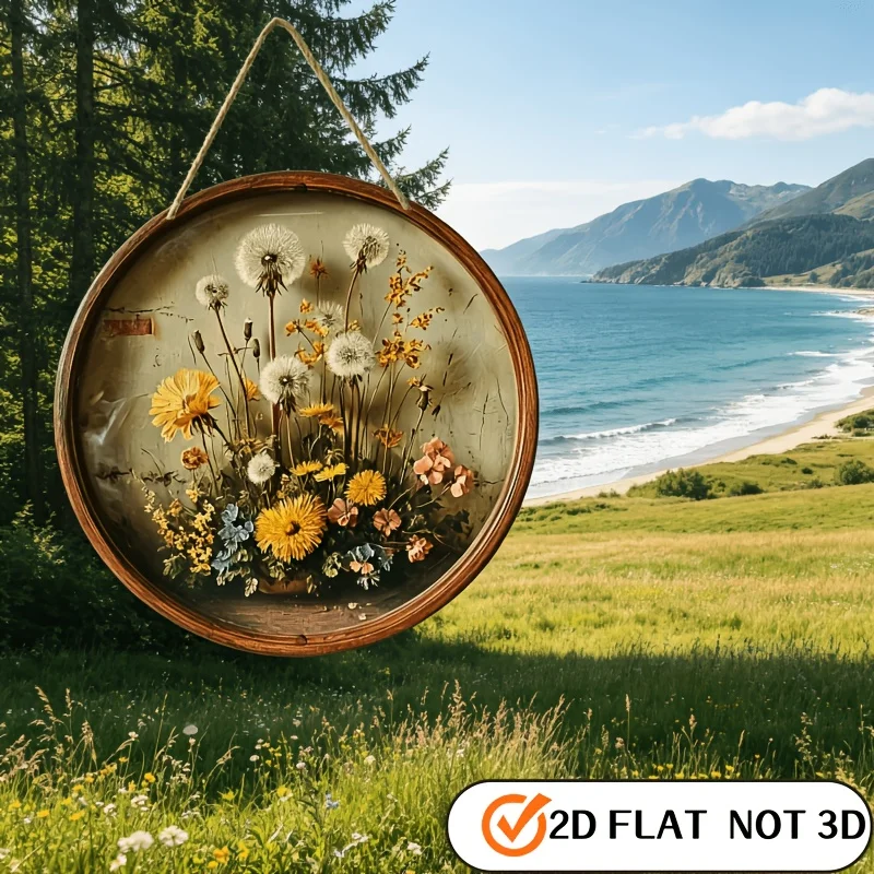 2D Plane - Circular Wooden Canister Sign with Vintage Dandelion Design, Easy to Hang, Perfect for Decorating Living Rooms, Studi