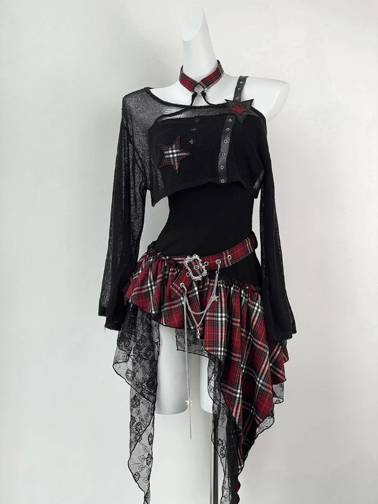 2000s Aesthetic Elegant Women 2 Piece Set Y2k Gothic Irregular Design Tops + Plaid Skirt Female Korea Style Retro Chic Outfits