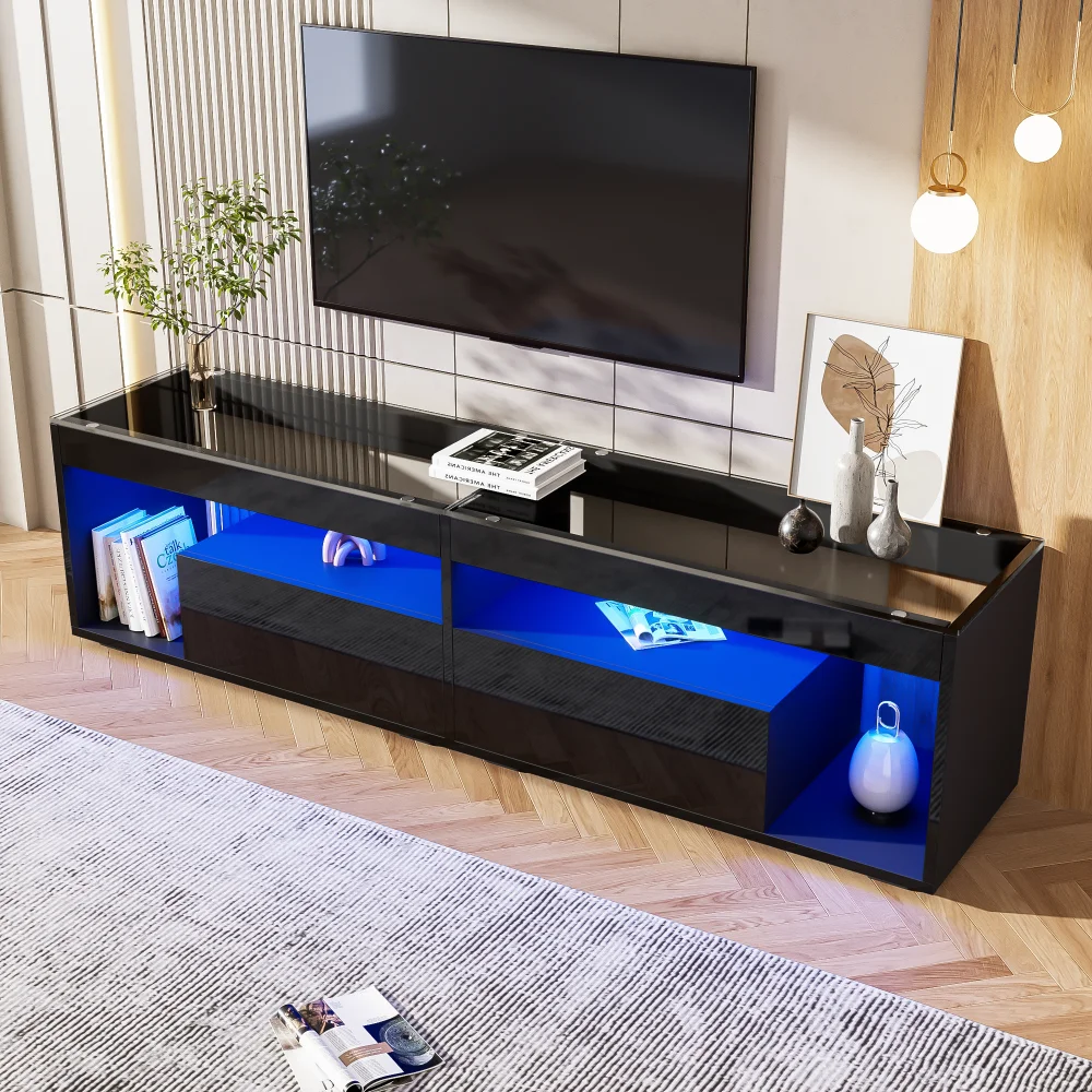Mobile TV LED nero lucido adatto per TV fino a 70 pollici con 2 cassetti, ideale come tavolo consolle per camera da letto e soggiorno