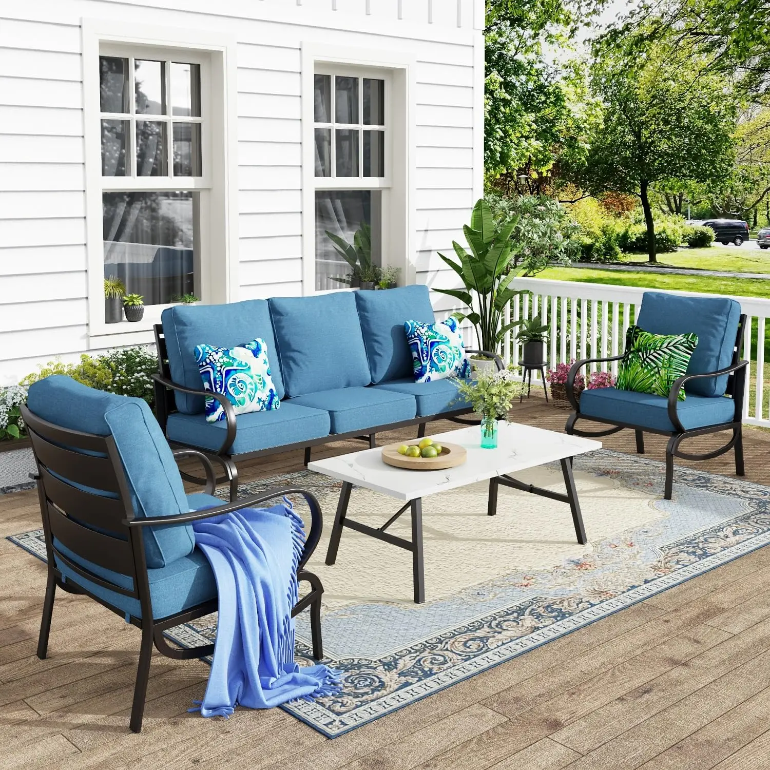 

4pc 5Seat Metal Patio Set 3Seat Sofa 2Single Chairs Coffee Table All Weather Navy Cushion Garden, Customized