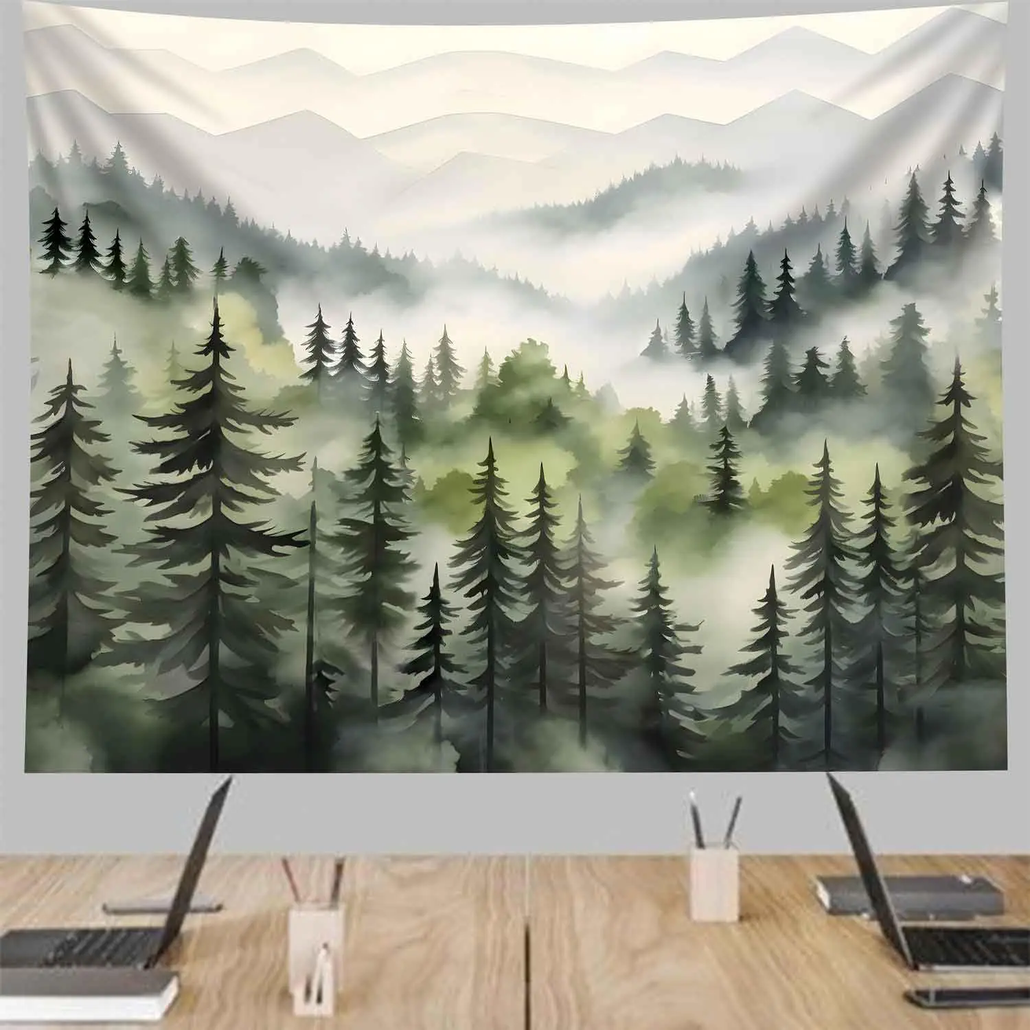 Misty Mountain Forest Tapestry,Green Nature Foggy Watercolor Tree Tapestries Landscape Scenery Tapestry Wall Hanging for Bedroom