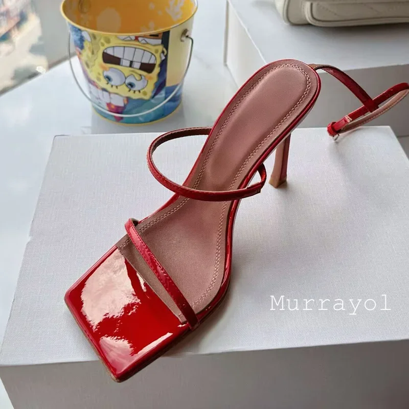 여성용 스퀘어 토 얇은 힐 샌들, 원 스트랩, 정품 가죽, 섹시 샌들, 여름 파티 원피스 슈즈, 웨딩 슈즈 펌프스, 신상