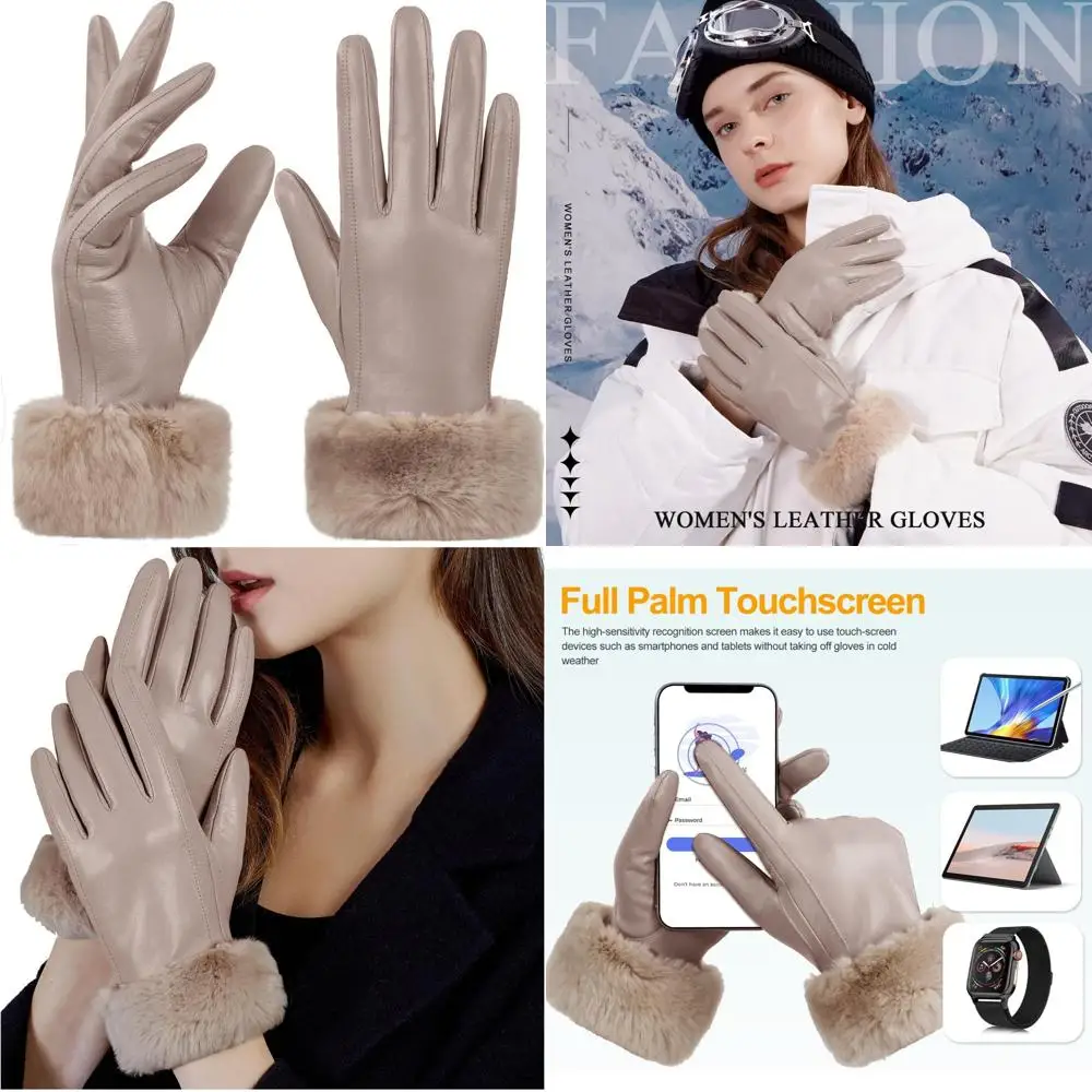 

Women's Rabbit Fur Cuff Leather Gloves with Touchscreen for Warm Winter Driving, Multicolor Options