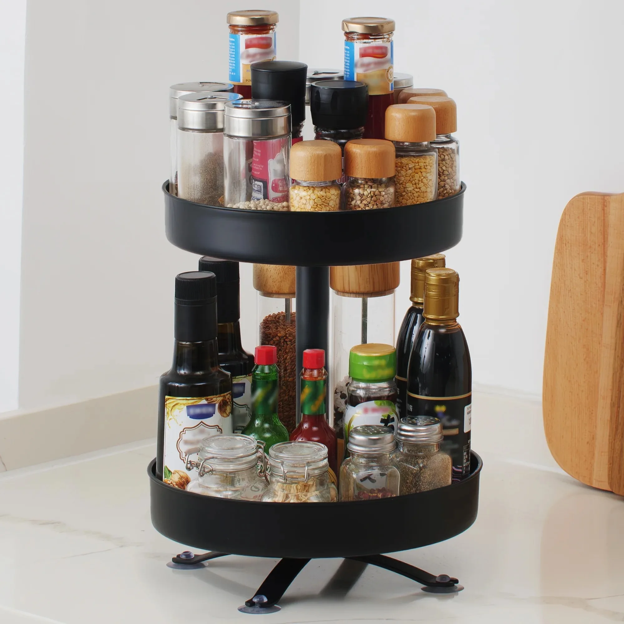 رف توابل دوار بطبقتين، منظم توابل دوار مقاس 10 بوصة، مساحة تخزين لطاولة المطبخ، أسود
