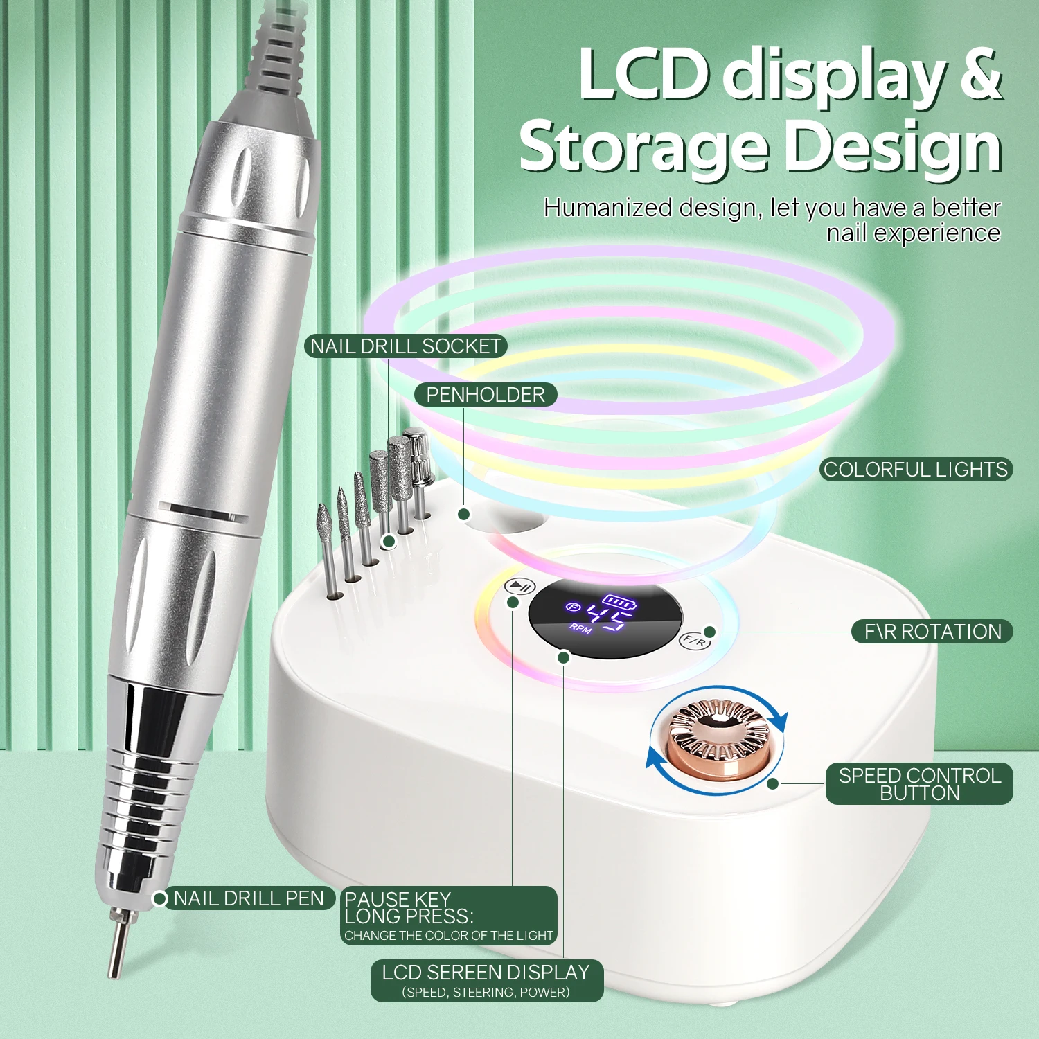 45000 دورة في الدقيقة مسمار الحفر آلة أظافر قابلة للشحن الكهربائية مسمار ساندر مع وضع المؤقت الأظافر مخرطة هلام قطع إزالة أداة #6