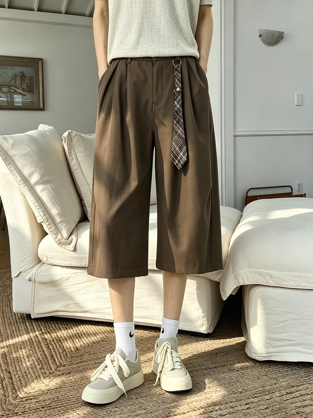 Casual Khaki Wide Leg Pants Men Women Neutral Pleated Design Breathable Drapey Seven-Quarter Length Suit Trousers Summer