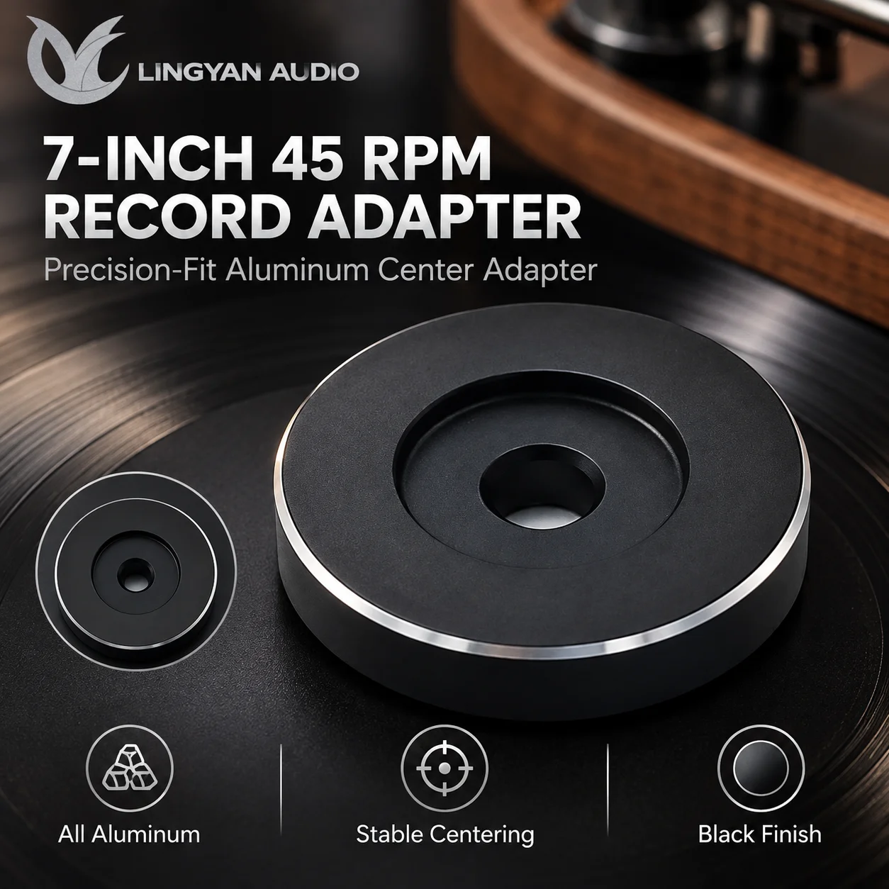 45 RPM Record Adapter LINGYAN AUDIO Black Aluminum 7 Inch EP Large Hole Vinyl Turntable Spindle Insert For Record Player